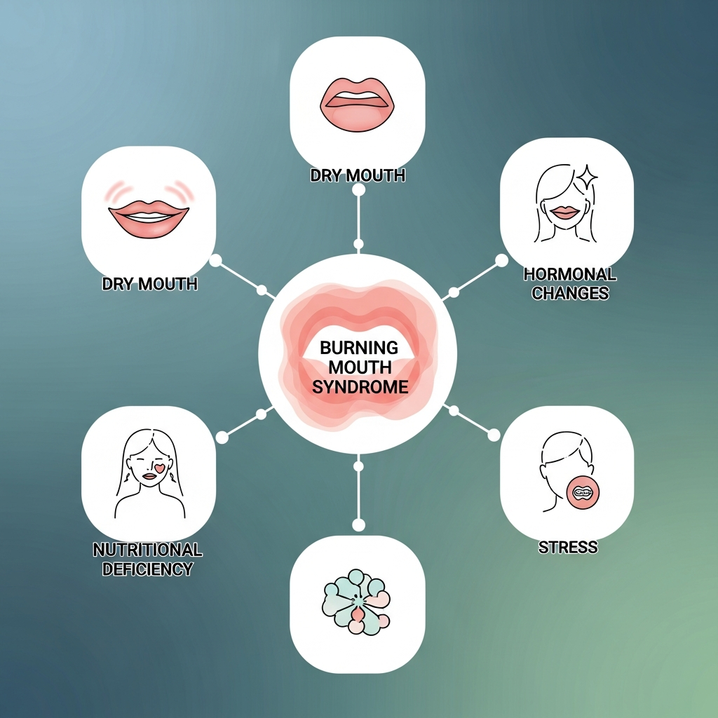 Clean infographic showing various causes of burning mouth syndrome like dry mouth, hormonal changes, nutritional deficiency, and stress, connected by subtle lines, modern layout, high contrast, colored background, no text