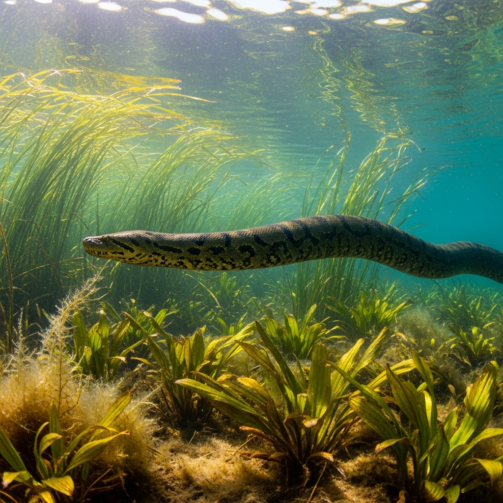 A vibrant underwater scene of a large Green Anaconda swimming gracefully in clear river water, with lush aquatic plants and sunlight filtering from above, natural setting, high contrast, no text
