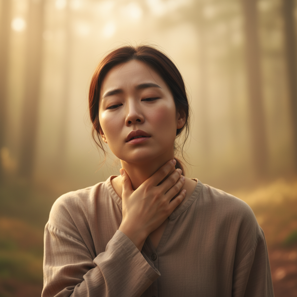 A Korean woman looking uncomfortable and tired, holding her throat, warm lighting, soft gradient background, natural setting, no text