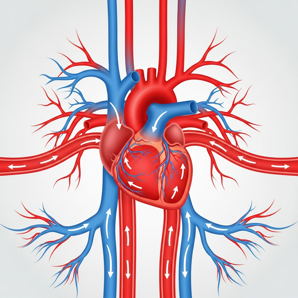 Clean blood vessels and healthy heart infographic, showing improved blood flow with policosanol, medical illustration style, Korean text-free diagram, bright red and blue color scheme, no text in image, clean educational graphic design
