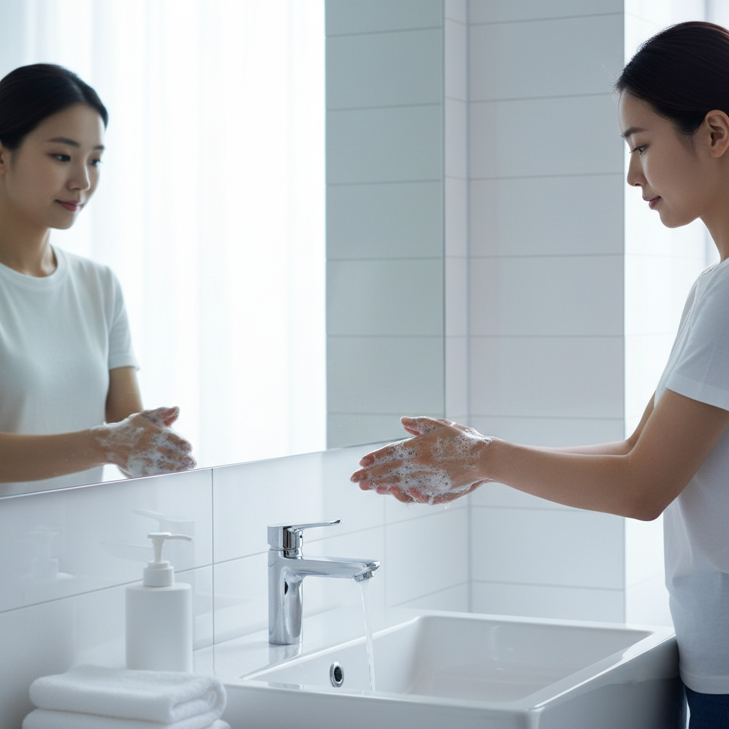 A Korean woman washing her hands in a clean bathroom setting, emphasizing hygiene, lifestyle photography, bright lighting, tiled background, no text