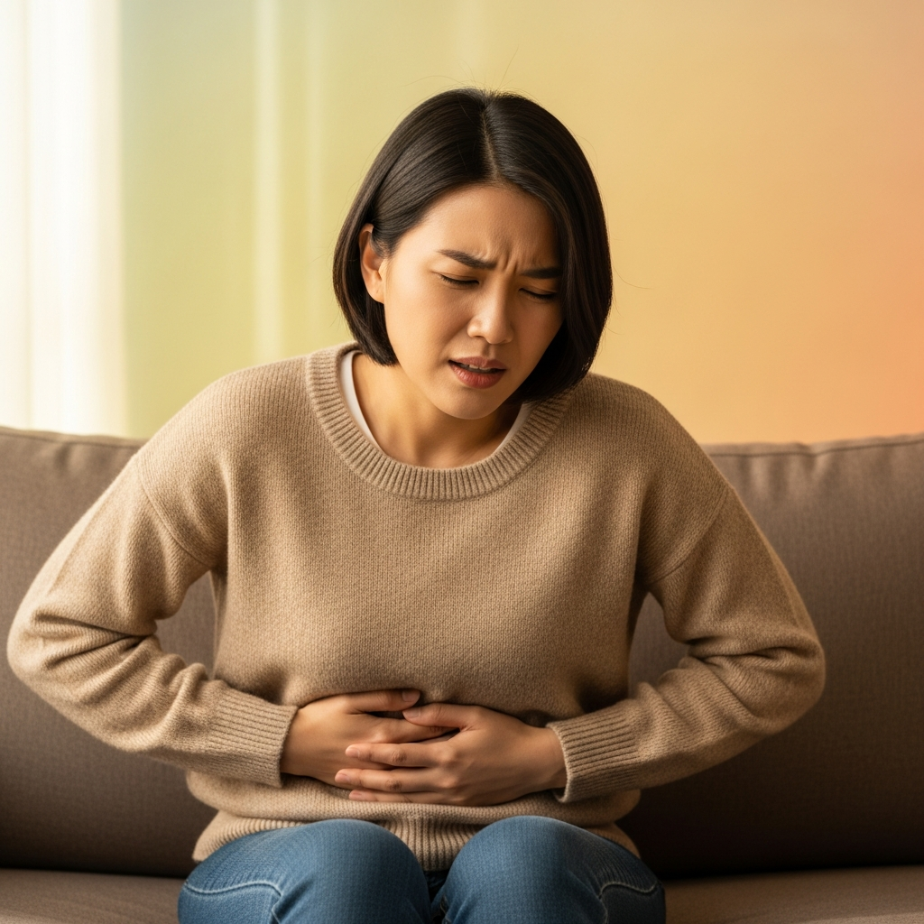 A Korean person holding their stomach with a pained expression, sitting uncomfortably on a sofa, warm lighting, natural setting, colored background, no text, no visible text