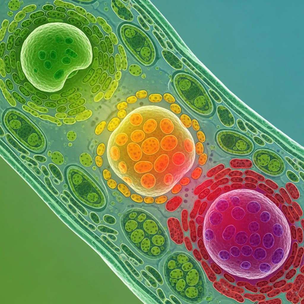 Microscopic view of a leaf cell showing chlorophyll breakdown and the emergence of other pigments like carotenoids and anthocyanins, detailed scientific illustration, high contrast, clean infographic style, colored background, no text
