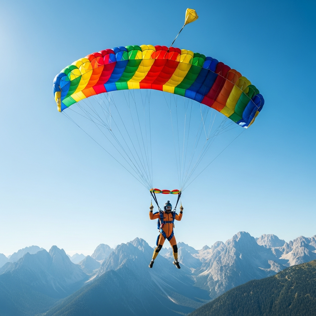 A person safely descending with a large, colorful parachute fully deployed, against a bright blue sky, with a mountainous landscape in the background, lifestyle photography, bright lighting, dynamic composition, no text