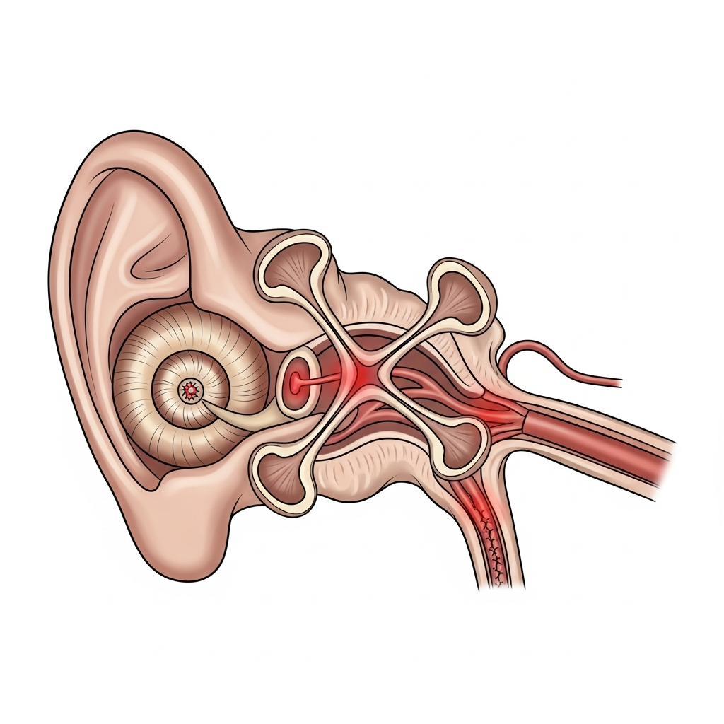 Detailed anatomical illustration of the inner ear structure showing cochlea, semicircular canals, and vestibulocochlear nerve. Highlight areas of potential damage with subtle color indicators. Medical infographic style, no text.