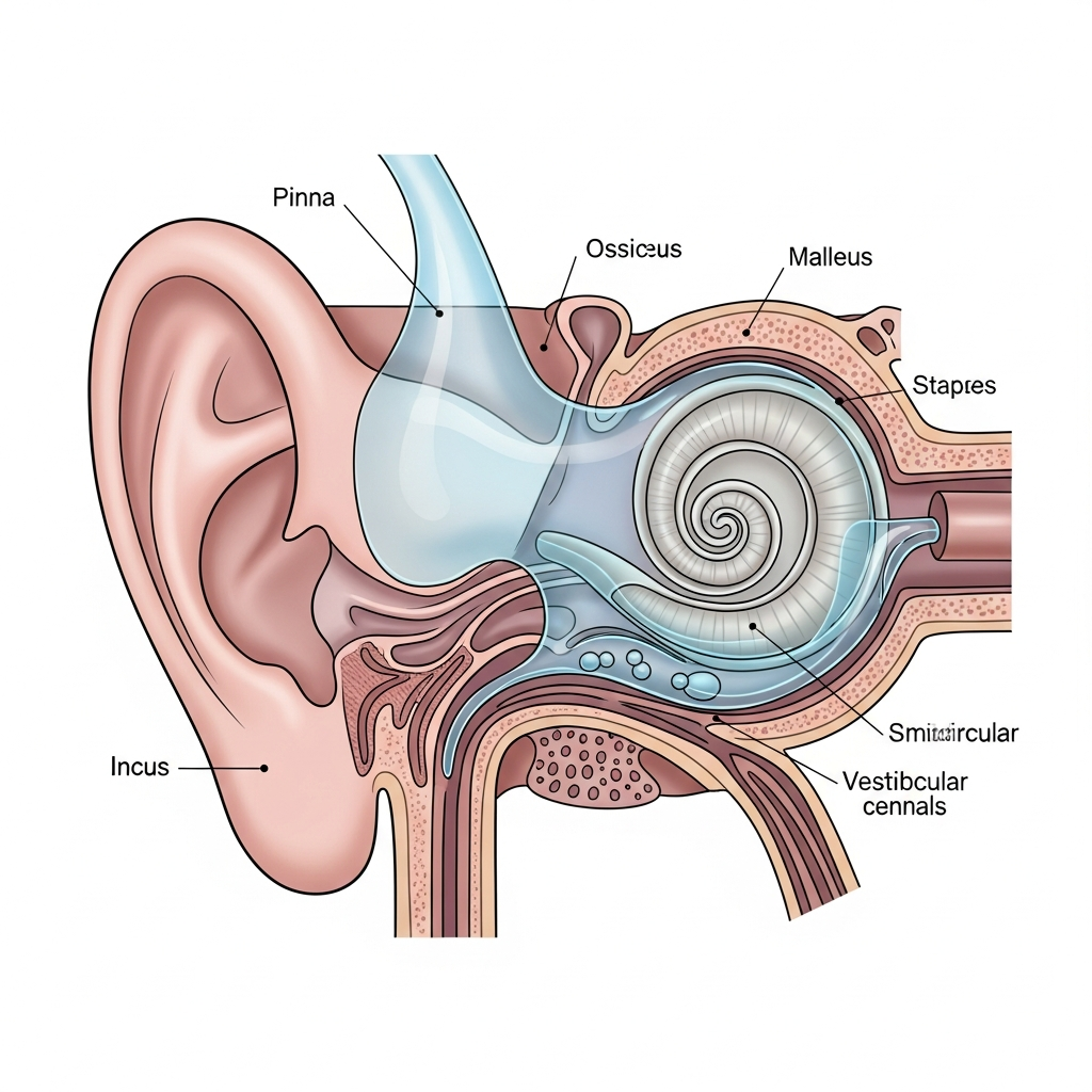 A clean infographic showing the cross-section of a human ear, specifically highlighting the inner ear (cochlea and vestibular system) with an emphasis on the endolymphatic fluid. Use clear, simple diagrams and a scientific yet approachable style. No text.