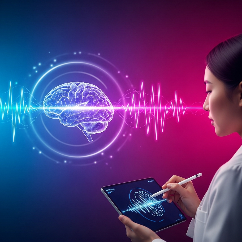 clean infographic, modern layout, high contrast of brain activity, showing electrical signals, vibrant colored background, no text, Korean appearance for a person in medical context if any