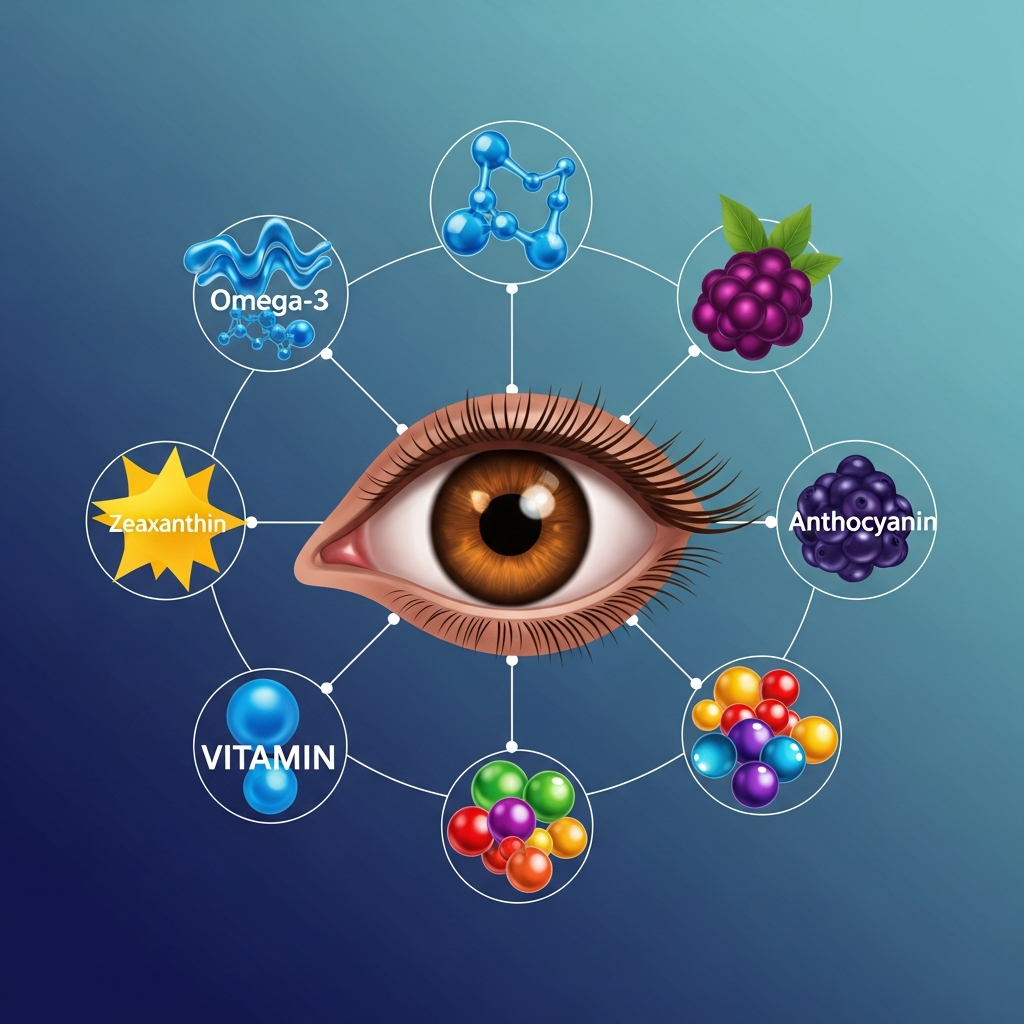 A clean infographic showing various nutrients like omega-3, zeaxanthin, vitamins, and anthocyanin surrounding a healthy eye, modern layout, high contrast, colored background, no text, Korean appearance