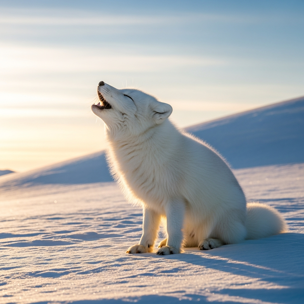 A dynamic shot of an arctic fox on a vast snowy plain, howling, with warm sunlight illuminating its fur, gradient blue and white background, no text