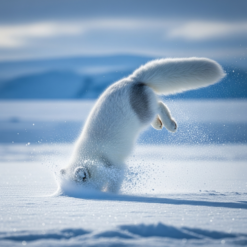 Dynamic scene of an arctic fox leaping into deep snow, its head plunged to catch hidden prey, detailed composition, vibrant blue and white snowy background, no text