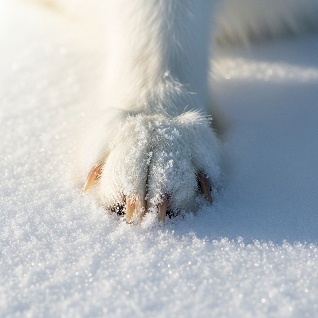 Close-up lifestyle photography of an arctic fox's paw on fresh snow, clearly showing thick fur on the sole protecting it from cold, bright natural lighting, no text