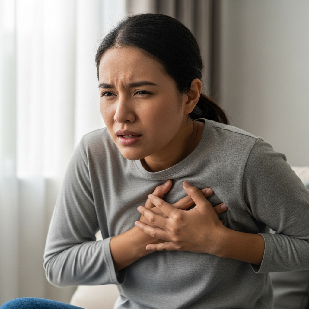 Lifestyle photography showing person experiencing chest pain while breathing, holding chest area with concerned expression. Soft natural lighting, realistic indoor setting. Show discomfort and breathing difficulty. No text or labels visible.