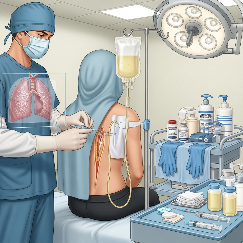 Medical illustration showing pleural aspiration procedure with doctor performing thoracentesis on patient. Show needle insertion, pleural fluid collection, and medical equipment. Clinical setting with proper lighting. Educational medical style, realistic anatomical details, no text.