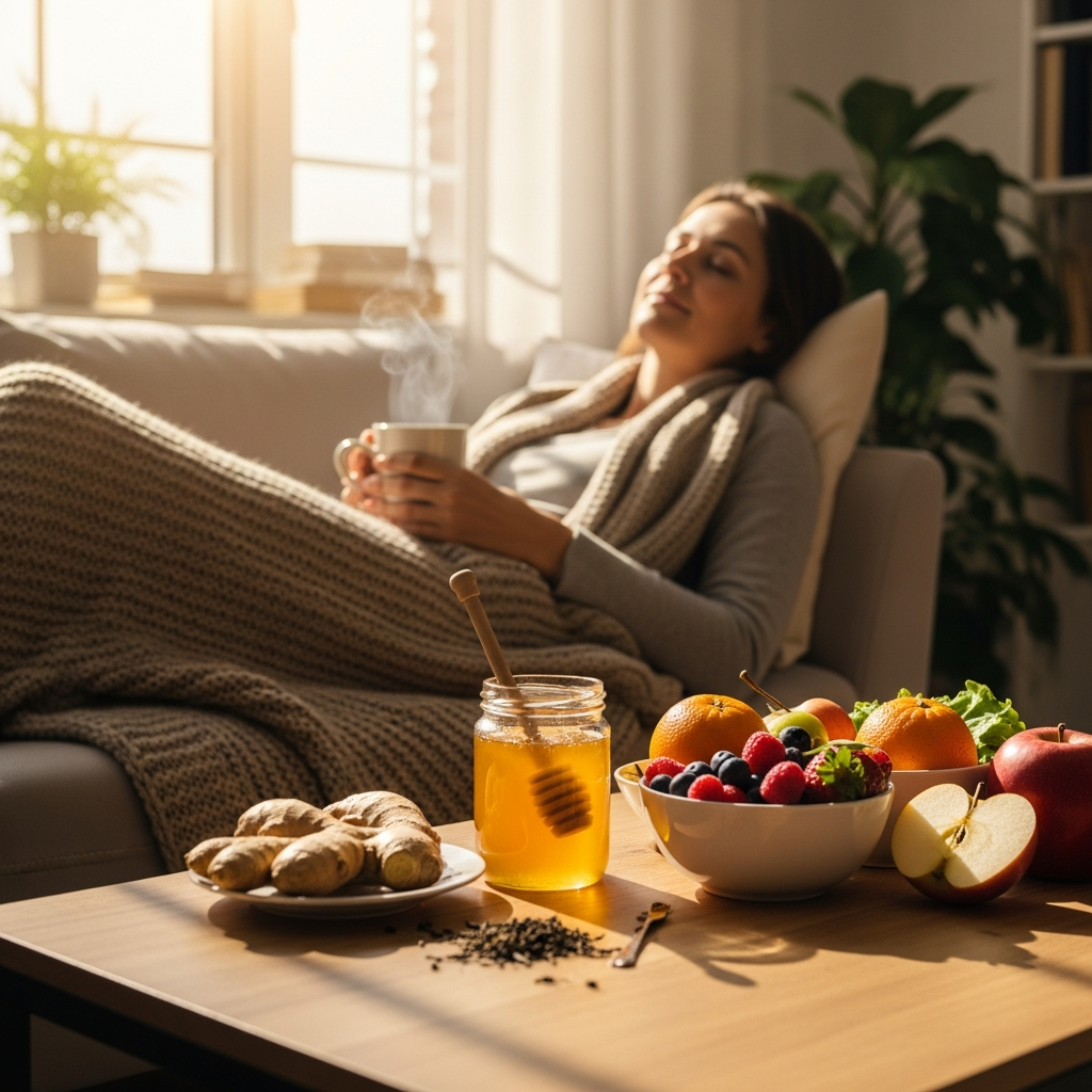 Serene scene of person resting comfortably at home with warm beverage, surrounded by healthy foods like ginger, honey, and fresh fruits. Natural sunlight coming through window. Peaceful, healing atmosphere. Lifestyle photography style, warm lighting, no visible text.