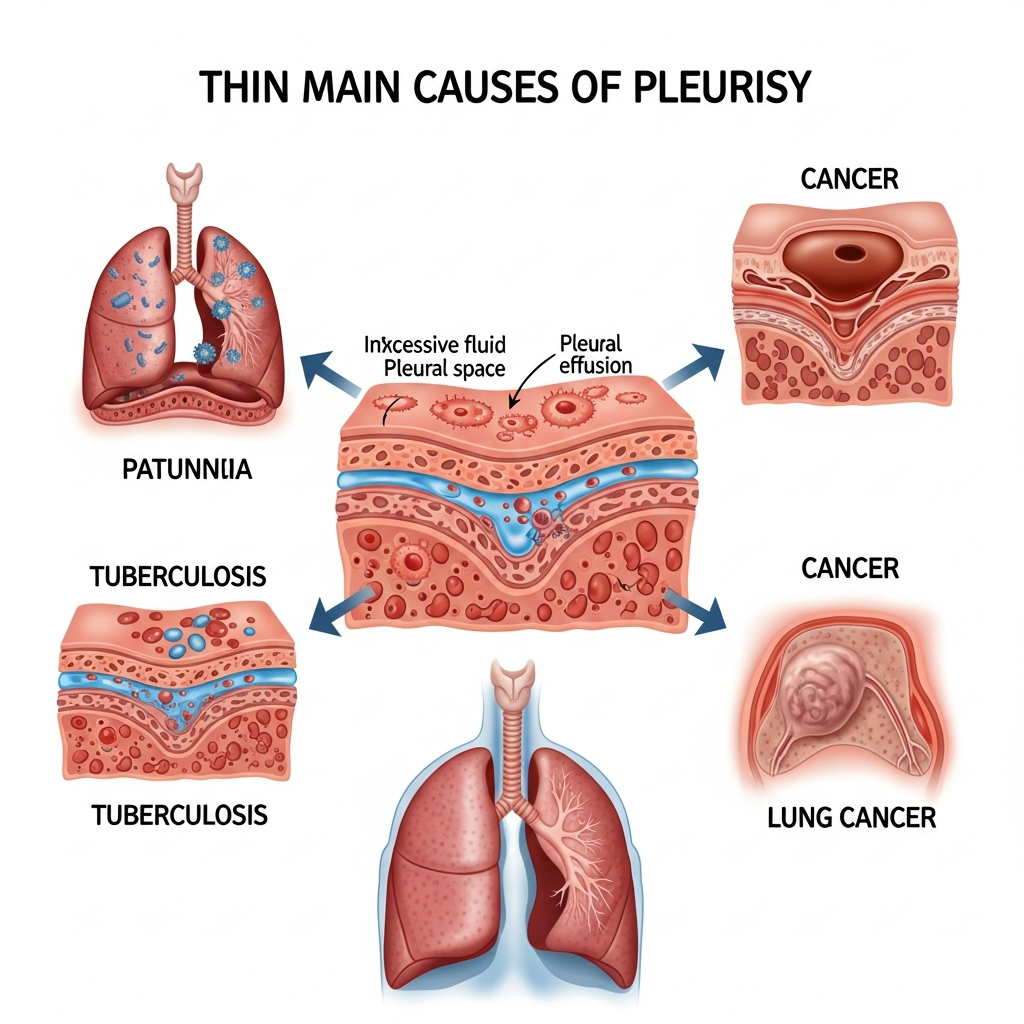 Infographic showing three main causes of pleurisy: pneumonia, tuberculosis, and cancer. Visual representation of inflammation process in pleura. Include icons or illustrations for each cause with arrows showing disease progression. Medical style, realistic colors, no text labels.
