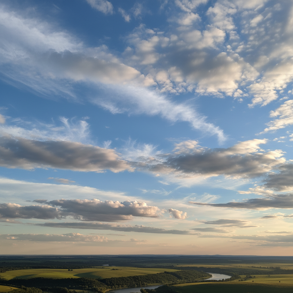 Blue sky with various clouds floating, clear visibility, warm lighting, natural setting, no text