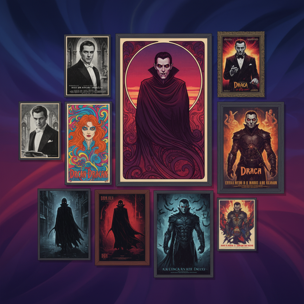 A vibrant collection of movie posters featuring different interpretations of Dracula through the decades, displayed in a stylish gallery setting, artistic rendering, gradient background, no text