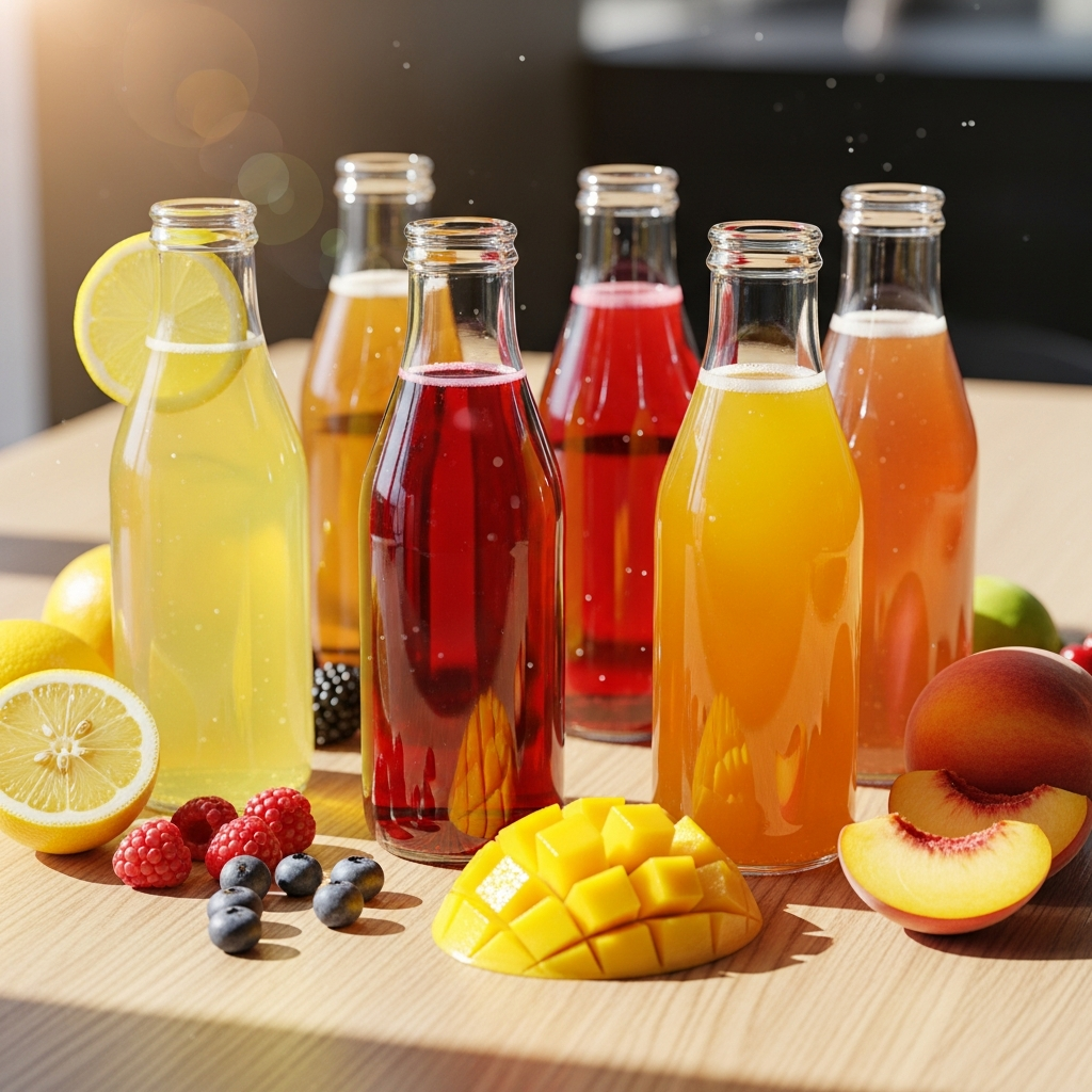 A vibrant lifestyle photography showing various flavored kombucha beverages in glass bottles with different colors like lemon, berry, mango, and peach. Natural sunlight streaming through, fresh and refreshing atmosphere. No text.