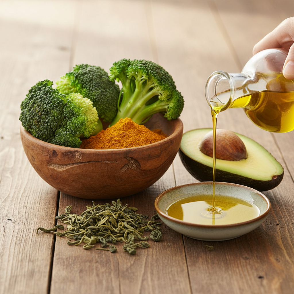 A vibrant still life composition of fresh broccoli, turmeric powder, green tea leaves, avocado, and olive oil in a bowl, with soft warm lighting and a natural wooden background. No text.