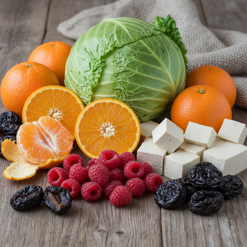 A close-up shot of various fiber-rich foods like vibrant green cabbage, juicy oranges, ripe raspberries, creamy tofu, and dried prunes arranged beautifully on a rustic wooden table. Lifestyle photography with soft, diffused lighting and a textured background. No visible text in image.