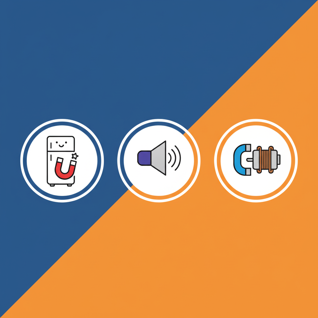 Clean infographic showing various applications of magnets like a refrigerator magnet, a speaker, and an electric motor, modern design, high contrast, colored background, no text