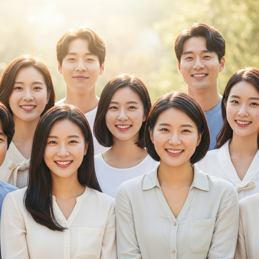 A diverse group of Korean people with various skin tones smiling gently in a bright, natural setting, symbolizing human diversity, warm lighting, textured background, no text.