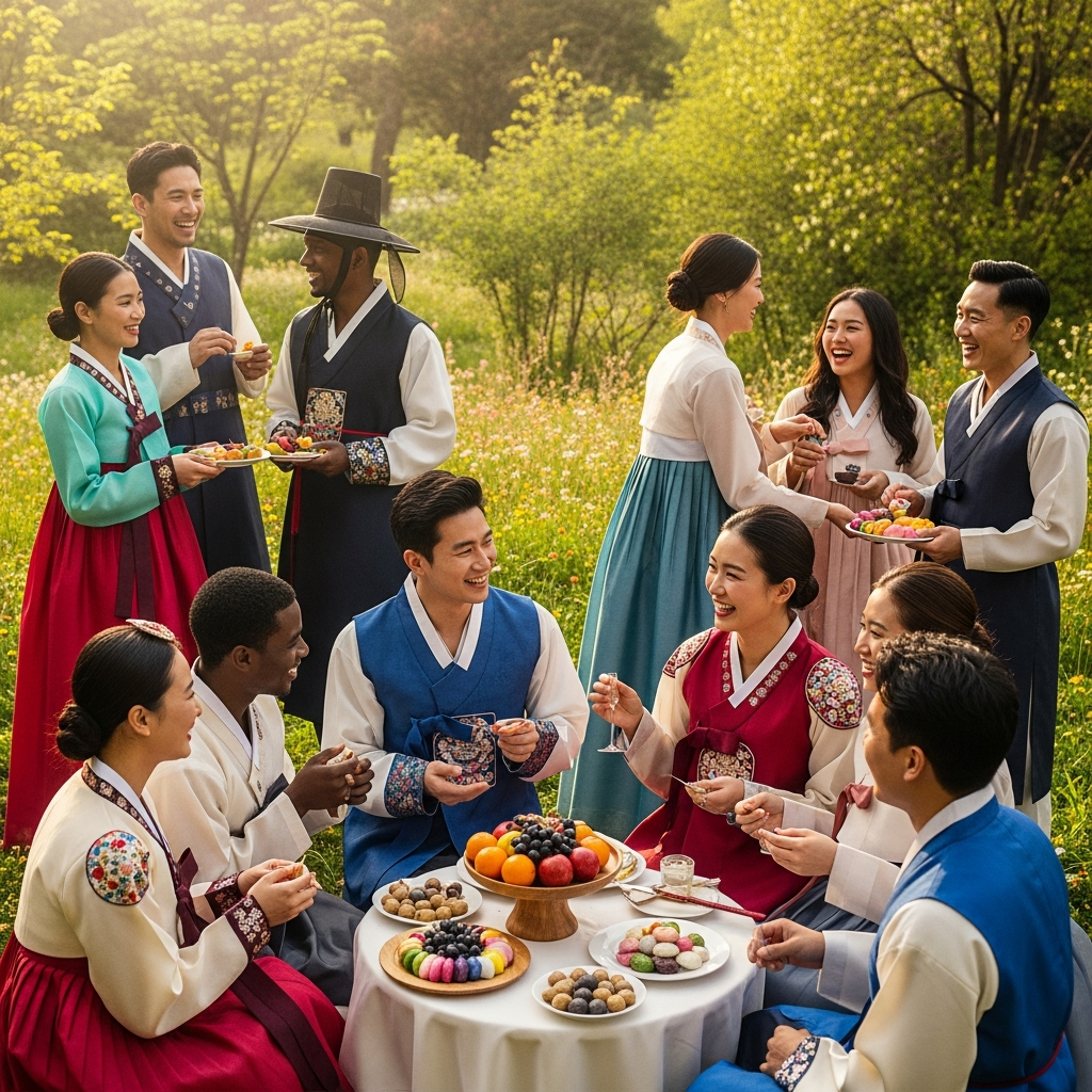 A diverse group of Korean people celebrating cultural diversity, showing different skin tones in traditional and modern settings, vibrant colors, warm lighting, natural setting, no text.