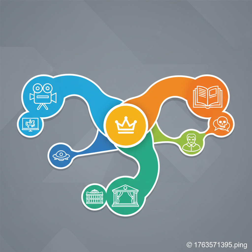 A modern infographic showing different adaptations of Shakespeare's works across various media like film, theater, and graphic novels, with vibrant colors and a clean layout, no text