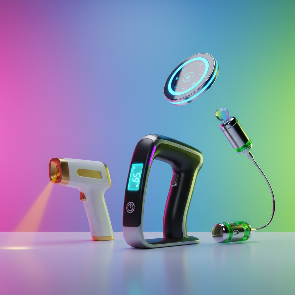 A collection of modern temperature measurement tools like digital thermometers and infrared sensors, clean and sleek design, futuristic elements, bright lighting, colored background, no text