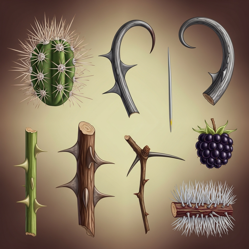 An artistic illustration showcasing various types of plant thorns from different species, highlighting their unique shapes and structures. Detailed rendering, textured background, no text.