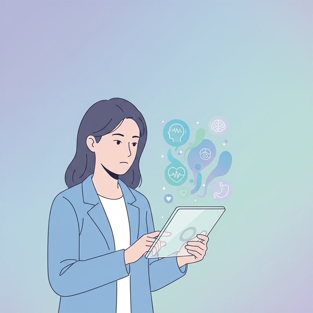 A Korean person thoughtfully considering a list of health symptoms, clean and modern infographic style, soft gradient background, no text