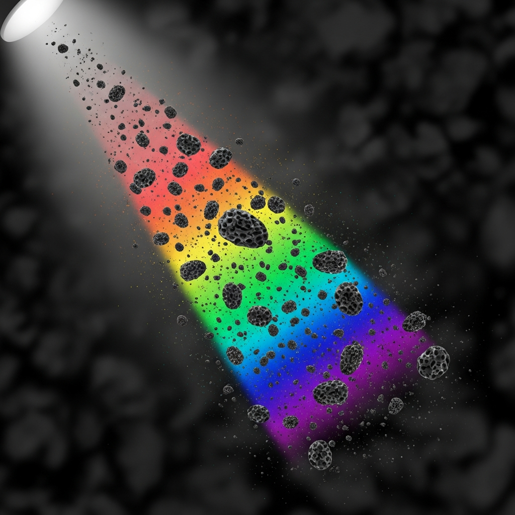 Microscopic particles, possibly stylized as volcanic ash, floating in a beam of light, scattering vibrant colors in a scientific yet artistic illustration style, clean infographic, high contrast, textured background, no text