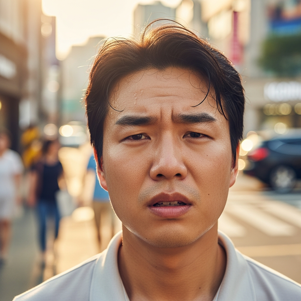 A Korean person looking tired and dizzy, sweating lightly, with a blurred background of a sunny summer street. Lifestyle photography, warm lighting, natural setting, no text