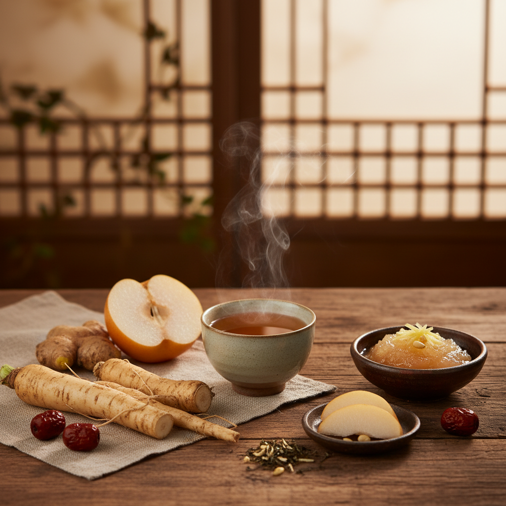 An inviting scene on a traditional Korean wooden table, featuring a steaming cup of bellflower root tea and a bowl of pear paste (baesuk), with fresh ingredients nearby. Lifestyle photography, warm lighting, natural setting, textured background, no text, centered focus.