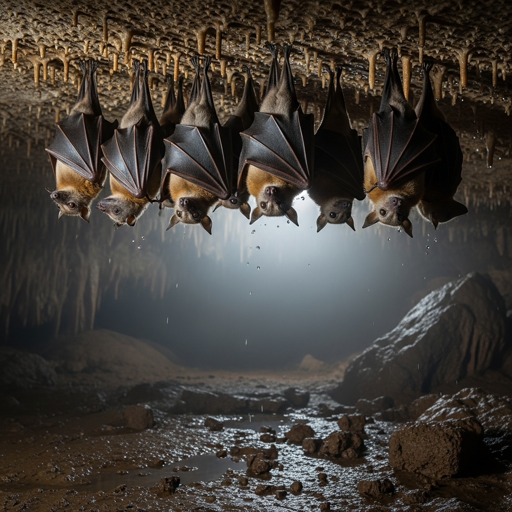 A realistic photograph of several vampire bats hanging upside down inside a dark cave, in a peaceful and natural setting. Focus on their natural habitat. No text.
