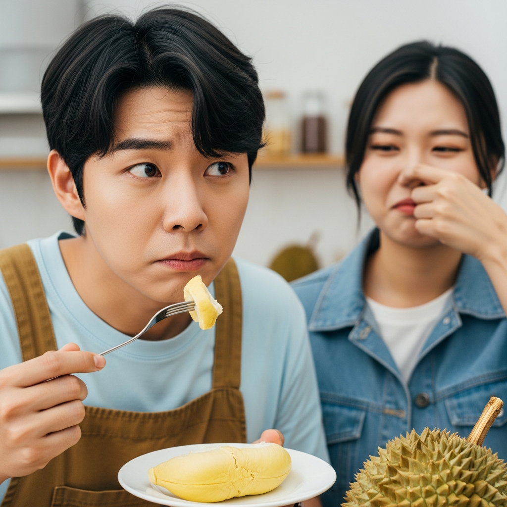 A Korean person cautiously trying a piece of durian, while another person nearby subtly covers their nose, illustrating the fruit's contrasting appeal. Style: lifestyle photography. No text.