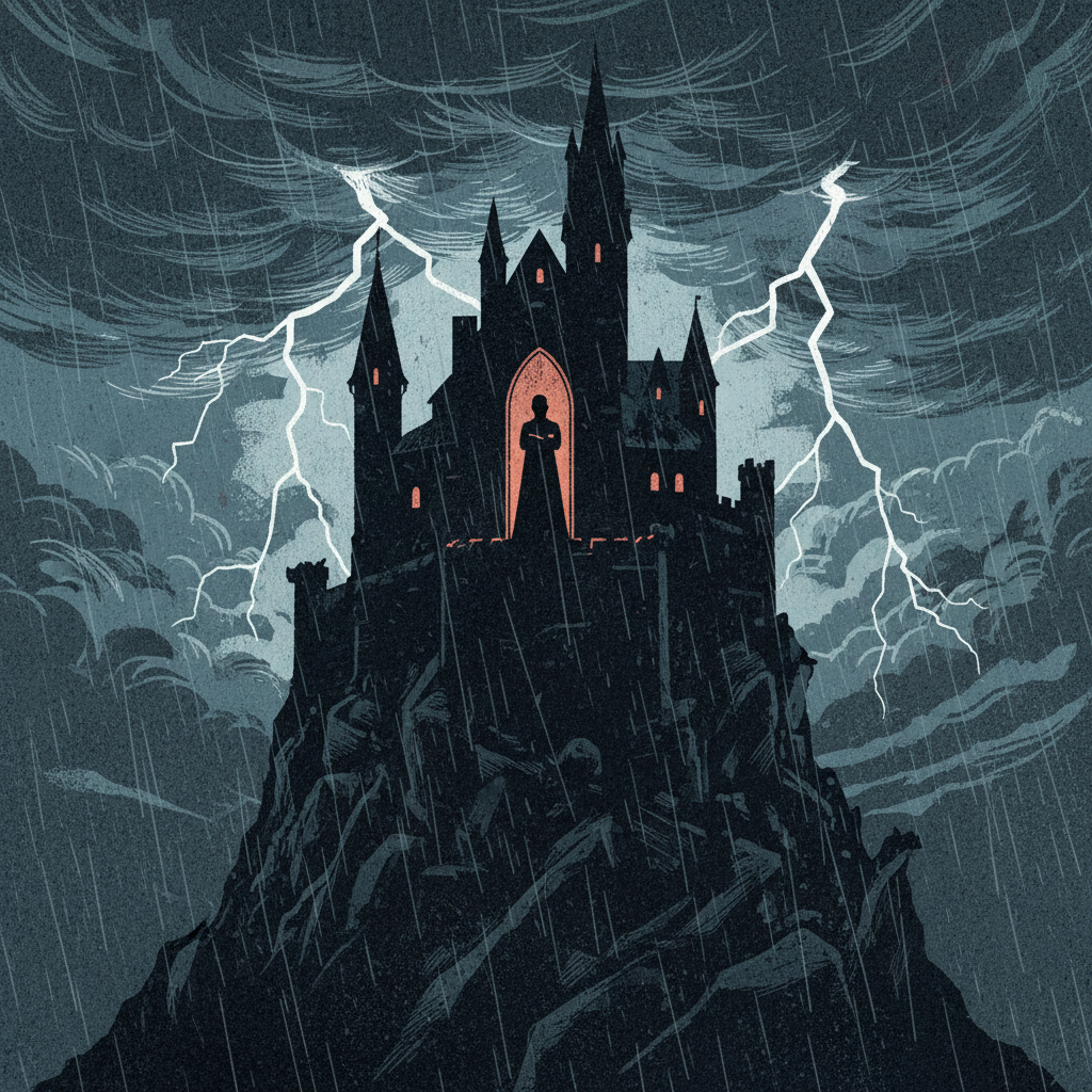 A dramatic illustration of a medieval castle on a dark, stormy night, with a silhouette of a vampire count standing in a window, artistic rendering, textured dark background, no text