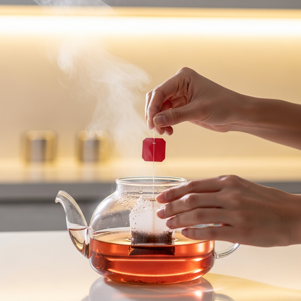 A close-up shot of hands preparing rooibos tea with a tea bag in a transparent teapot, steam rising gently, bright kitchen lighting, a modern and clean background, no text.