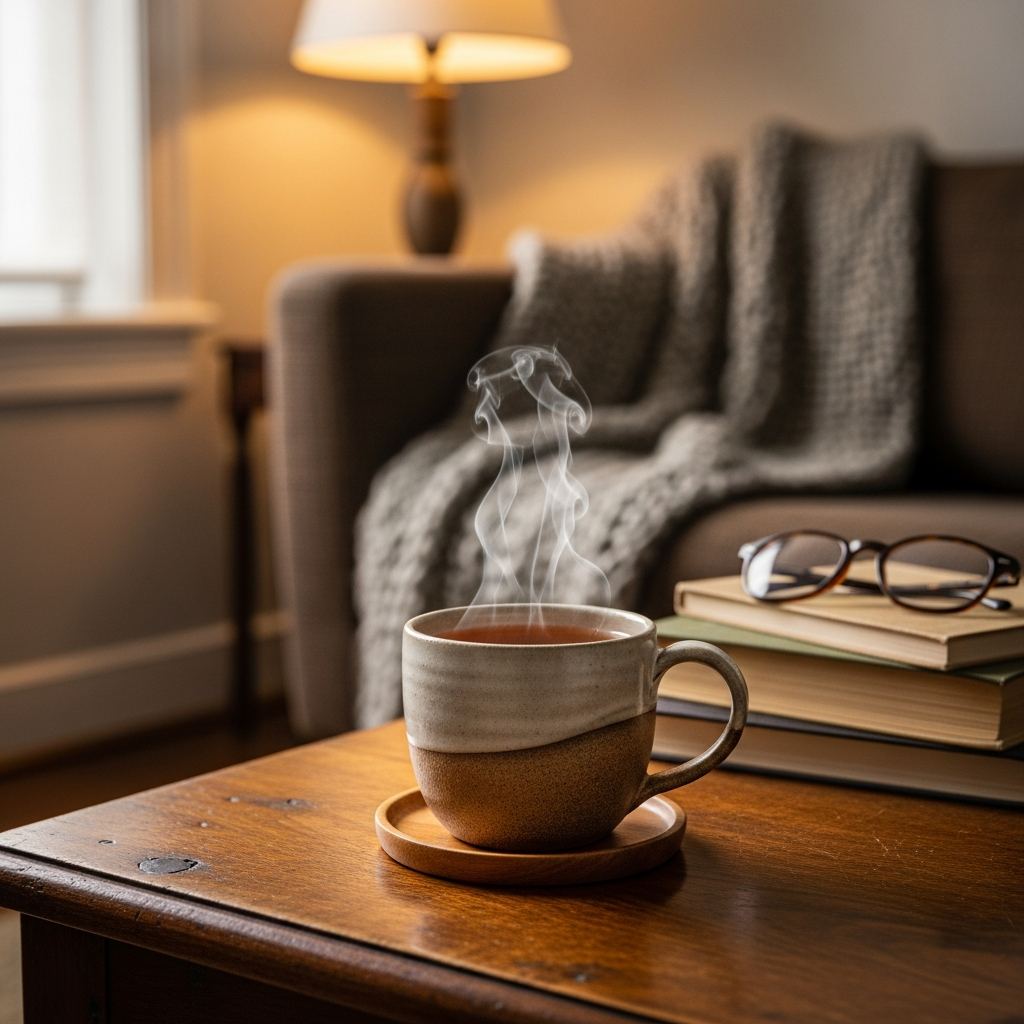 A cozy lifestyle scene with a steaming cup of rooibos tea, warm lighting, a comfortable living room setting, soft textured background, no text, centered focus, natural expression.