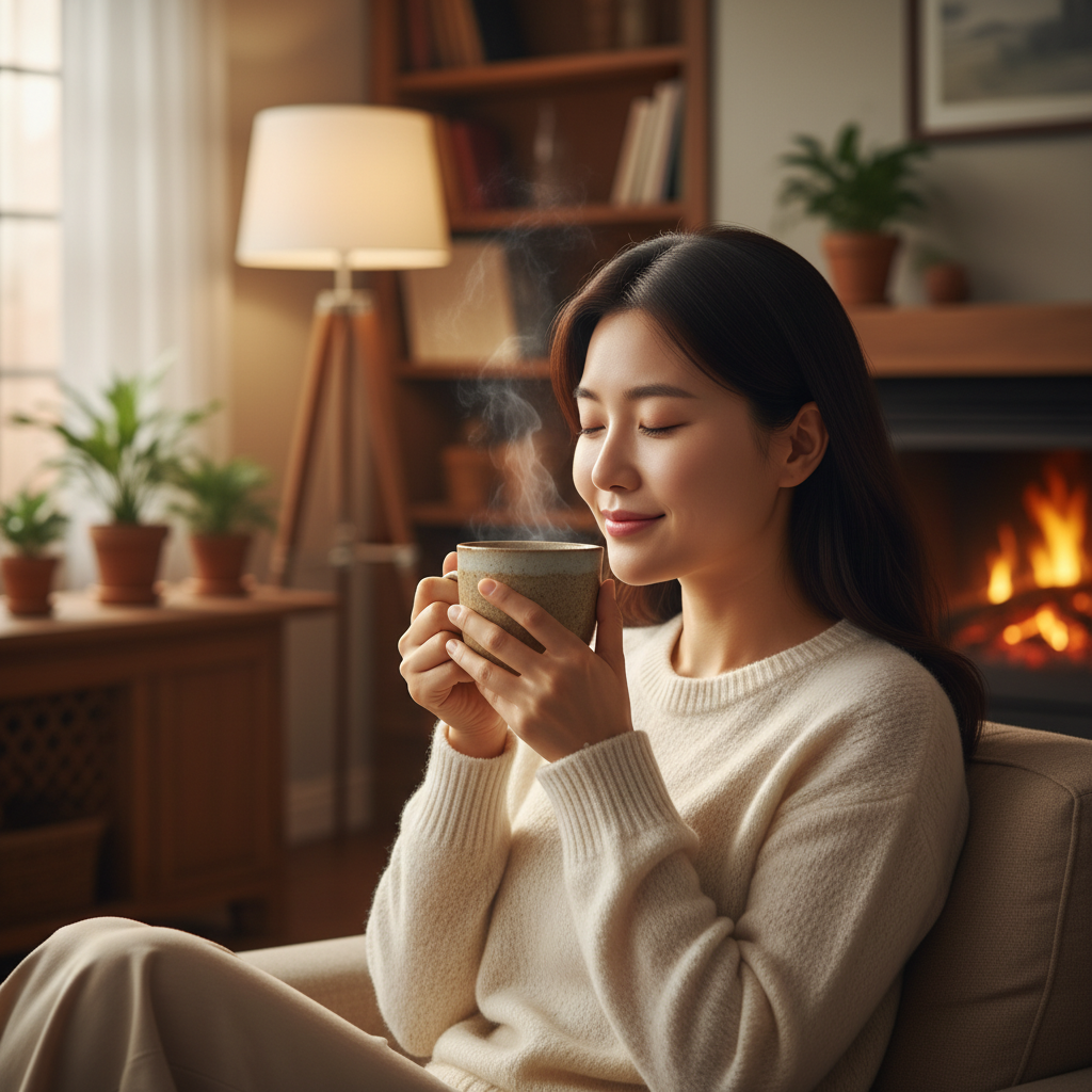 A Korean woman gently sipping a warm herbal tea, cozy home environment, soft warm lighting, blurred background focusing on her hands and mug, no text