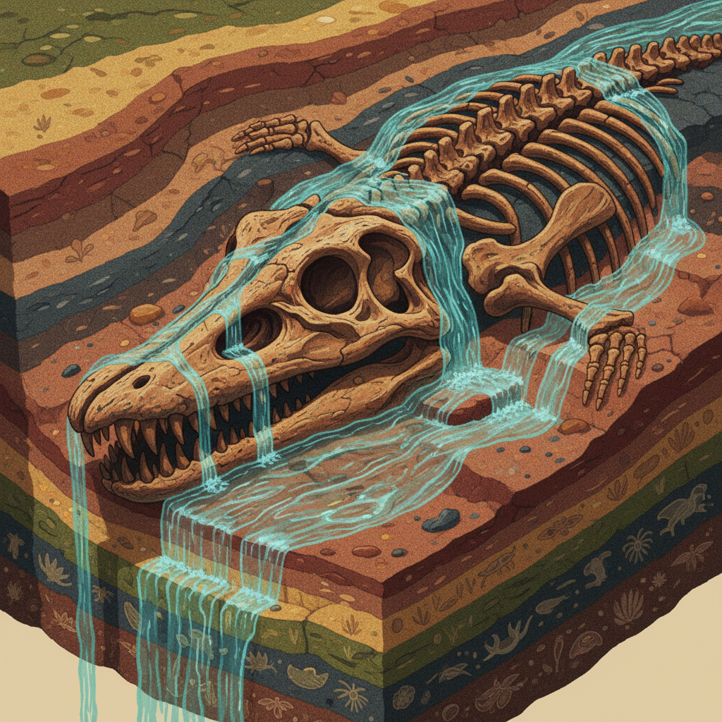 A realistic illustration of an ancient creature's skeleton being slowly covered by layers of sediment and water, vibrant earthy tones, detailed texture, no text