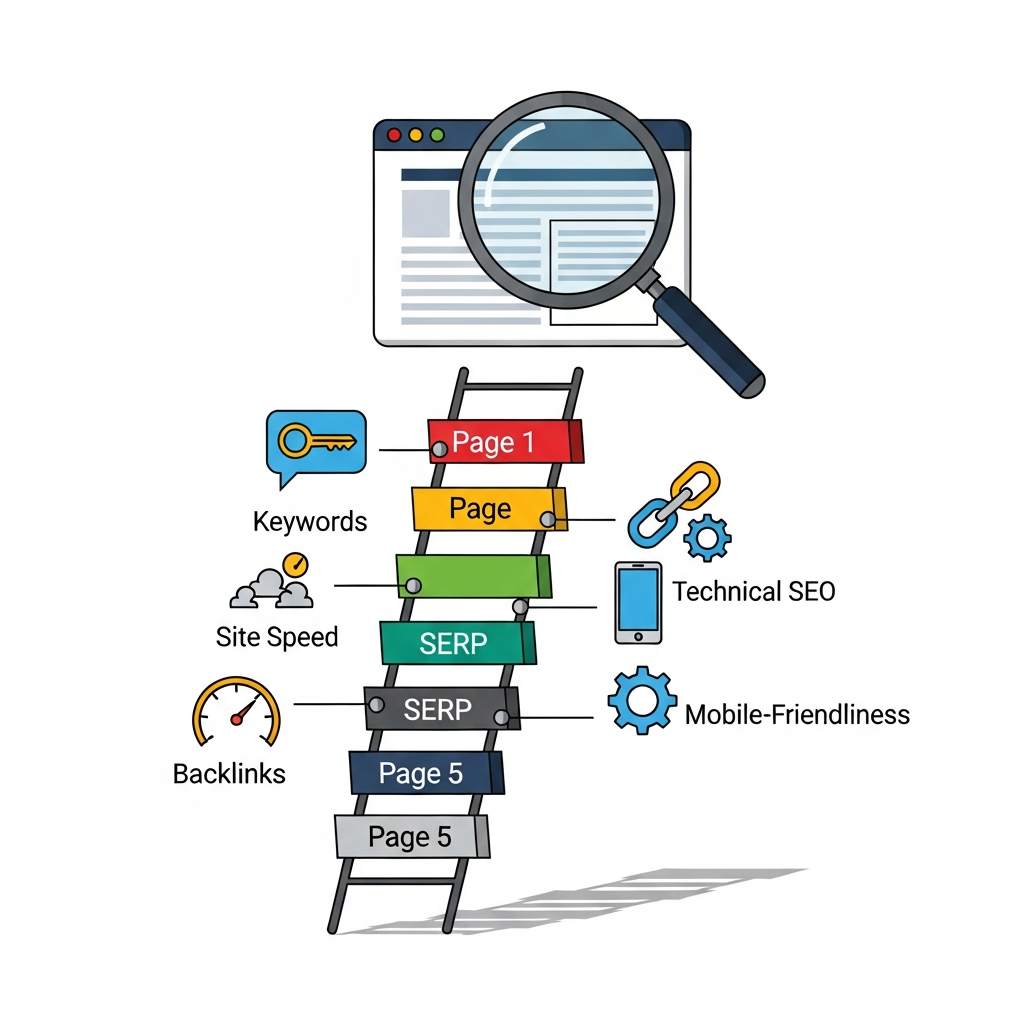 A visually appealing infographic showing a website (represented by a browser window) climbing a search engine results page ladder, with various SEO elements like keywords, site speed, and mobile-friendliness highlighted. A magnifying glass hovers over the website, indicating optimization. Clean infographic style, no text in image.