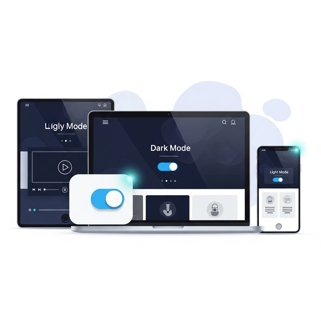 A modern, clean illustration depicting various contemporary website features like dark mode/light mode toggles, video playback, and responsive design elements across different devices (laptop, tablet, smartphone). The overall impression is sleek and user-friendly. Flat design, no text in image.