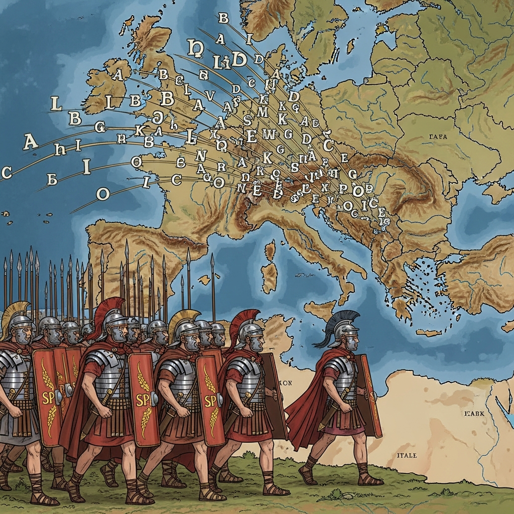Illustration showing the Roman Empire's expansion, with Roman legions marching. Above them, a stylized representation of the Latin alphabet symbols spreading across a map of ancient Europe. The scene should convey a sense of historical power and influence. Dominant colors should reflect the era. No text in image.