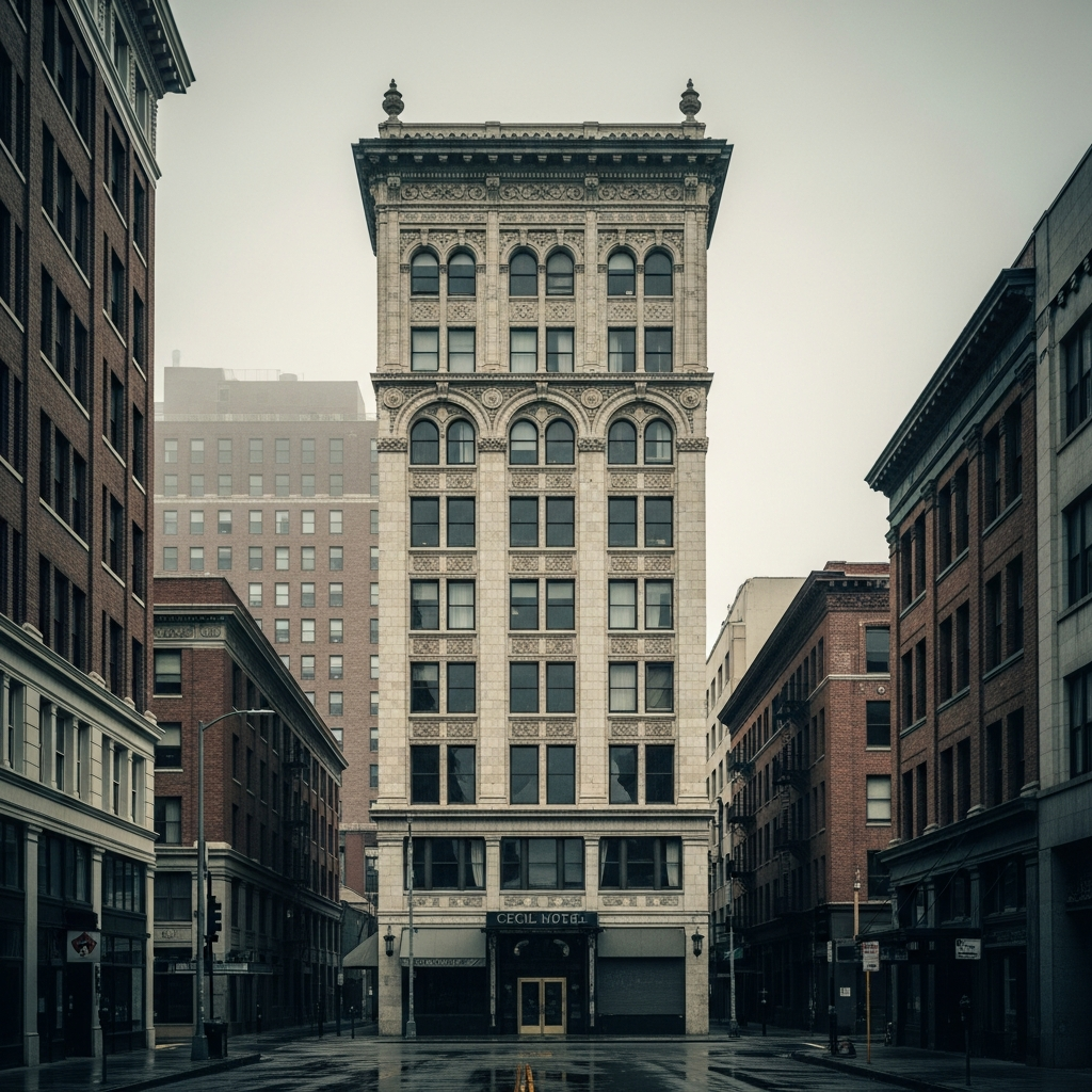 Historic Cecil Hotel building in downtown Los Angeles Skid Row district, vintage architecture from 1920s, weathered facade with ornate details, overcast urban atmosphere, street view with surrounding buildings, realistic photography style, no text