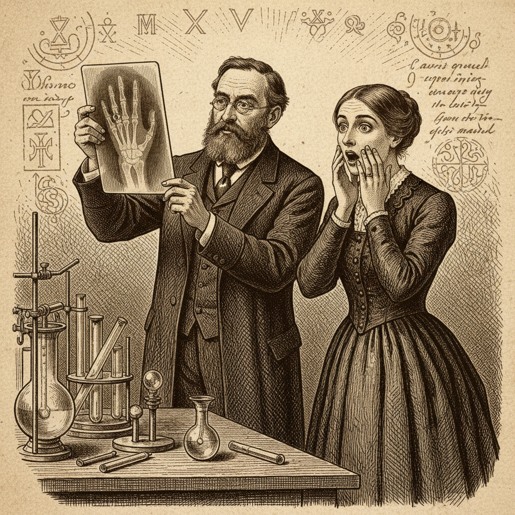 Historical illustration, artistic rendering of Wilhelm Röntgen showing the first X-ray image of his wife's hand, textured background, natural expression of awe, no text.