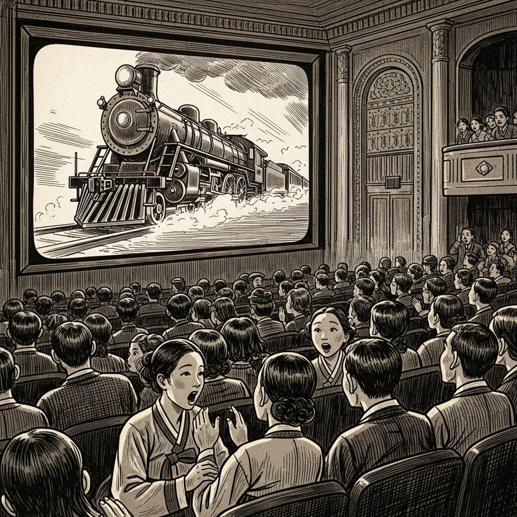 An illustration of a group of Korean people in an old cinema, reacting with surprise and awe to a black-and-white film projected on screen, like a train approaching. The atmosphere is exciting and pioneering. Style: vintage illustration. No text.