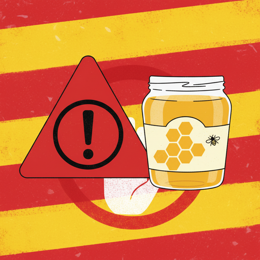 A minimalist illustration of a warning sign or a "stop" symbol near a jar of Manuka honey, indicating caution, high contrast, red and yellow textured background, no text