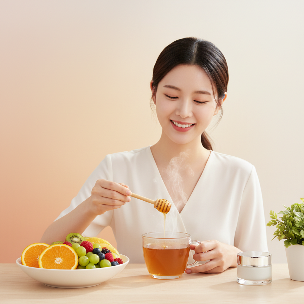 A bright lifestyle photography shot of a Korean woman adding Manuka honey to her tea, with fresh fruit and a skincare product subtly in the background, warm lighting, soft gradient background, no text