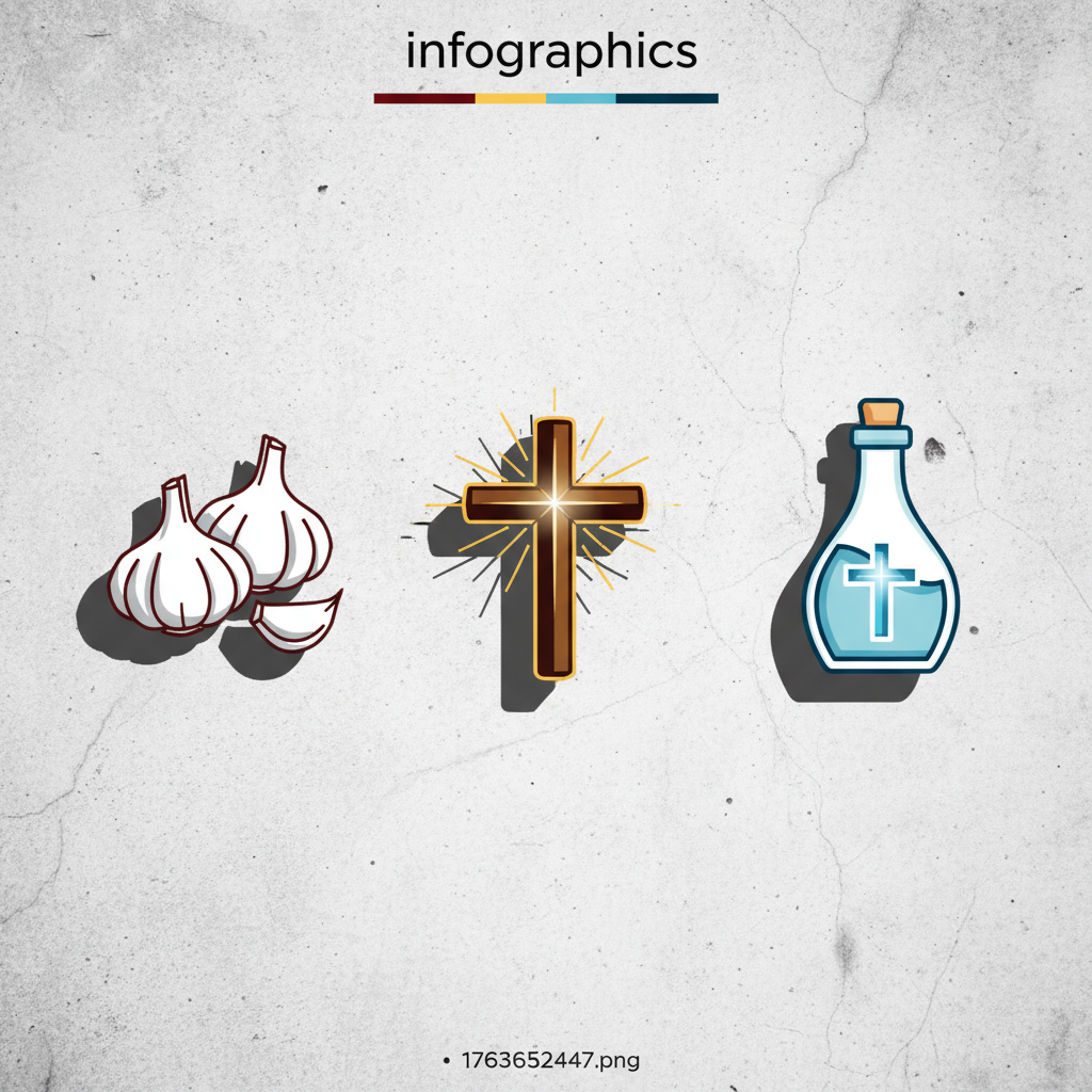 A clean infographic showing traditional vampire repellents like garlic, a wooden cross, and a bottle of holy water, modern layout, high contrast, textured background, no text